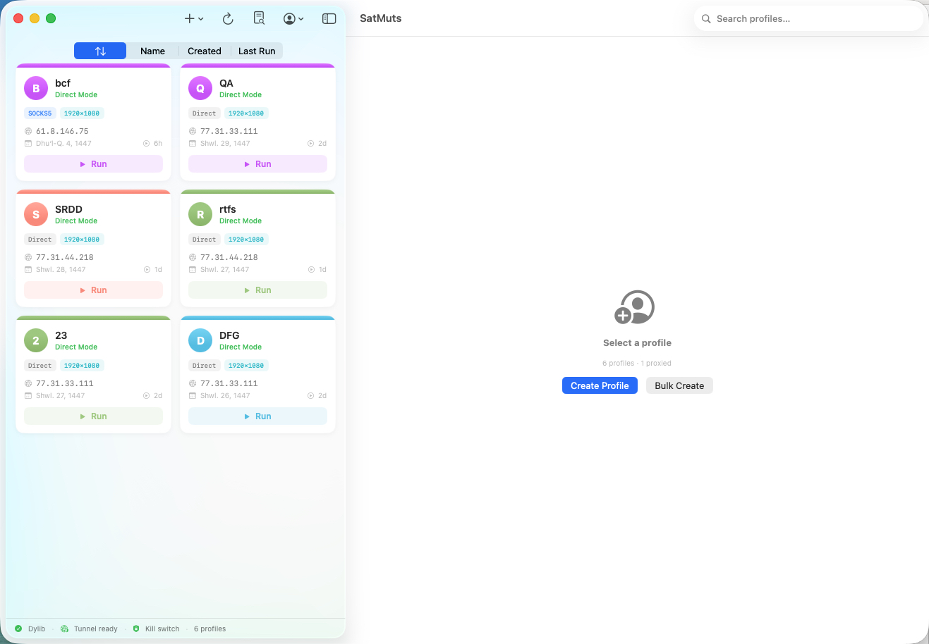 SatMac main interface showing isolated Safari profile cards