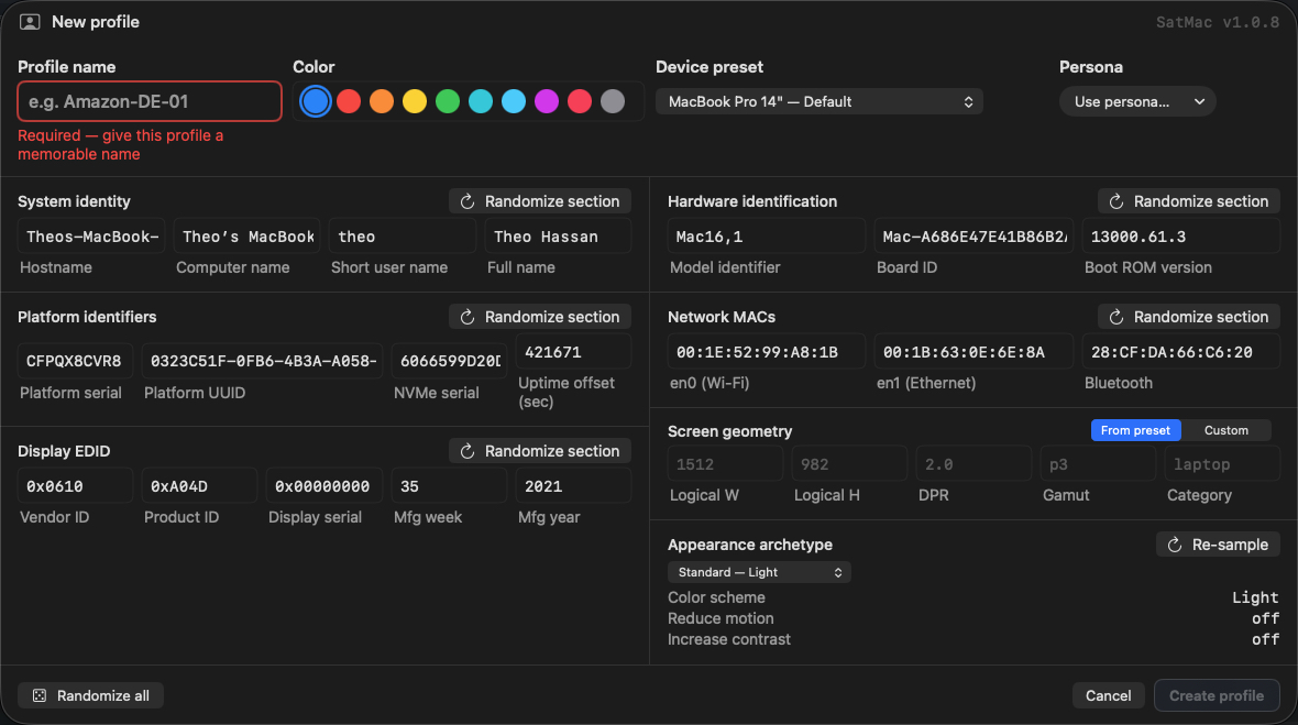 New profile dialog with twelve randomized hardware identity fields