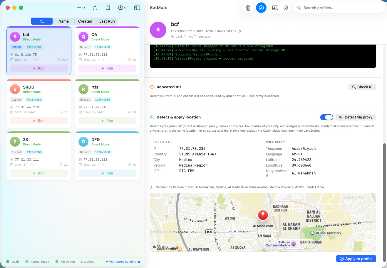 Location detection showing Medina Saudi Arabia with coordinates and timezone