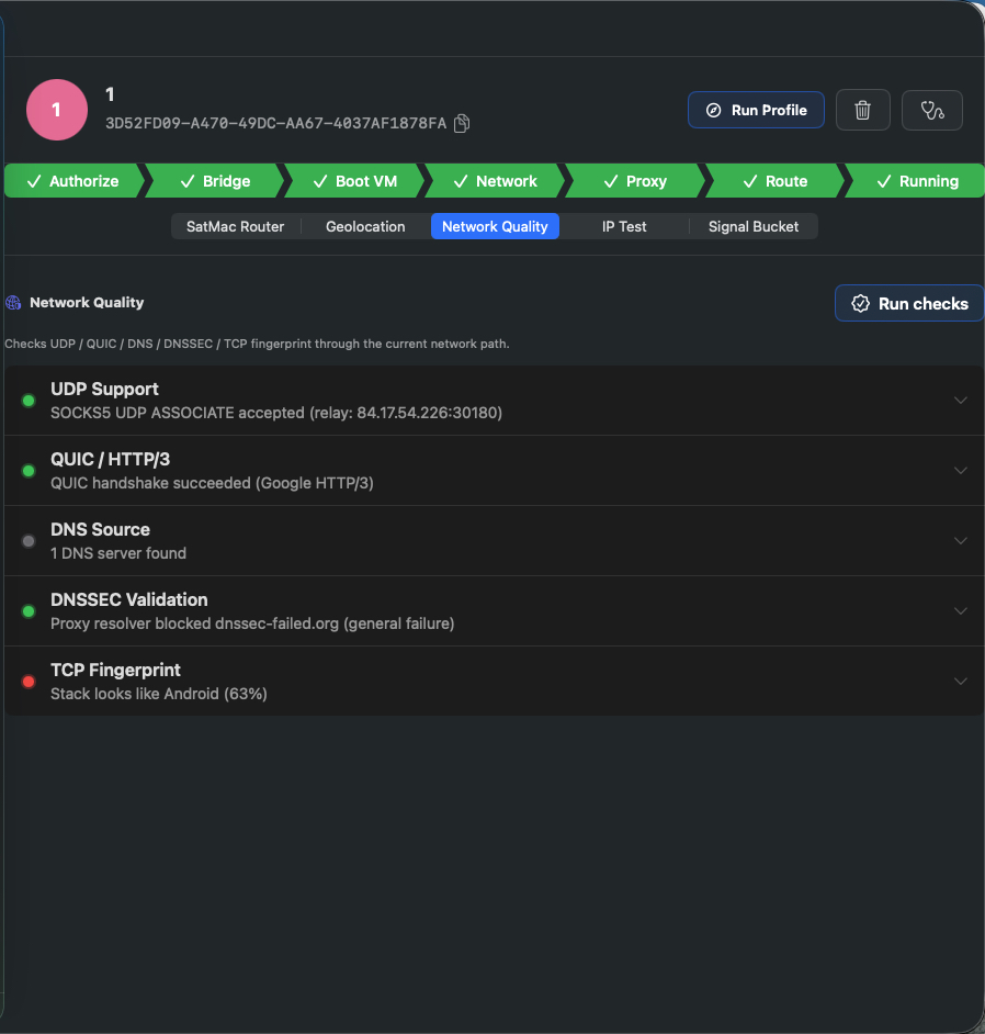 Network Quality checks showing UDP, QUIC, DNS, DNSSEC, and TCP fingerprint results