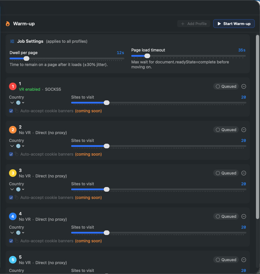 Warm-up batch job with per-profile country and sites-to-visit settings